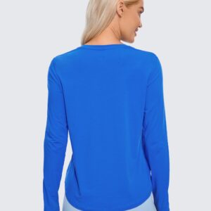 CRZ YOGA Pima Cotton Workout Long Sleeve Shirts for Women Athletic Crewneck Yoga Casual Tops Plain T-Shirt Strong Blue Large