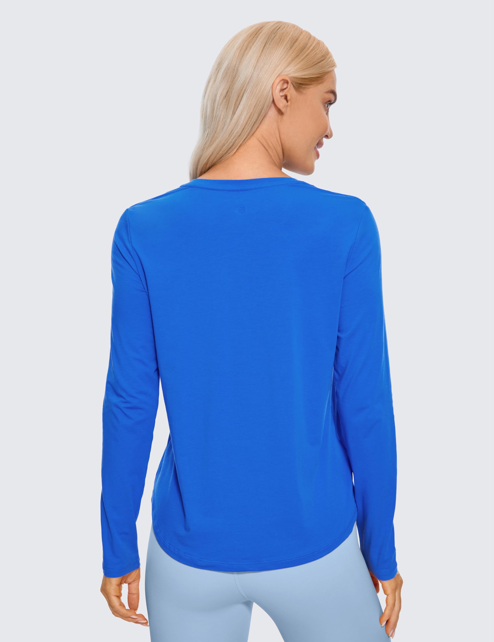 CRZ YOGA Pima Cotton Workout Long Sleeve Shirts for Women Athletic Crewneck Yoga Casual Tops Plain T-Shirt Strong Blue Large