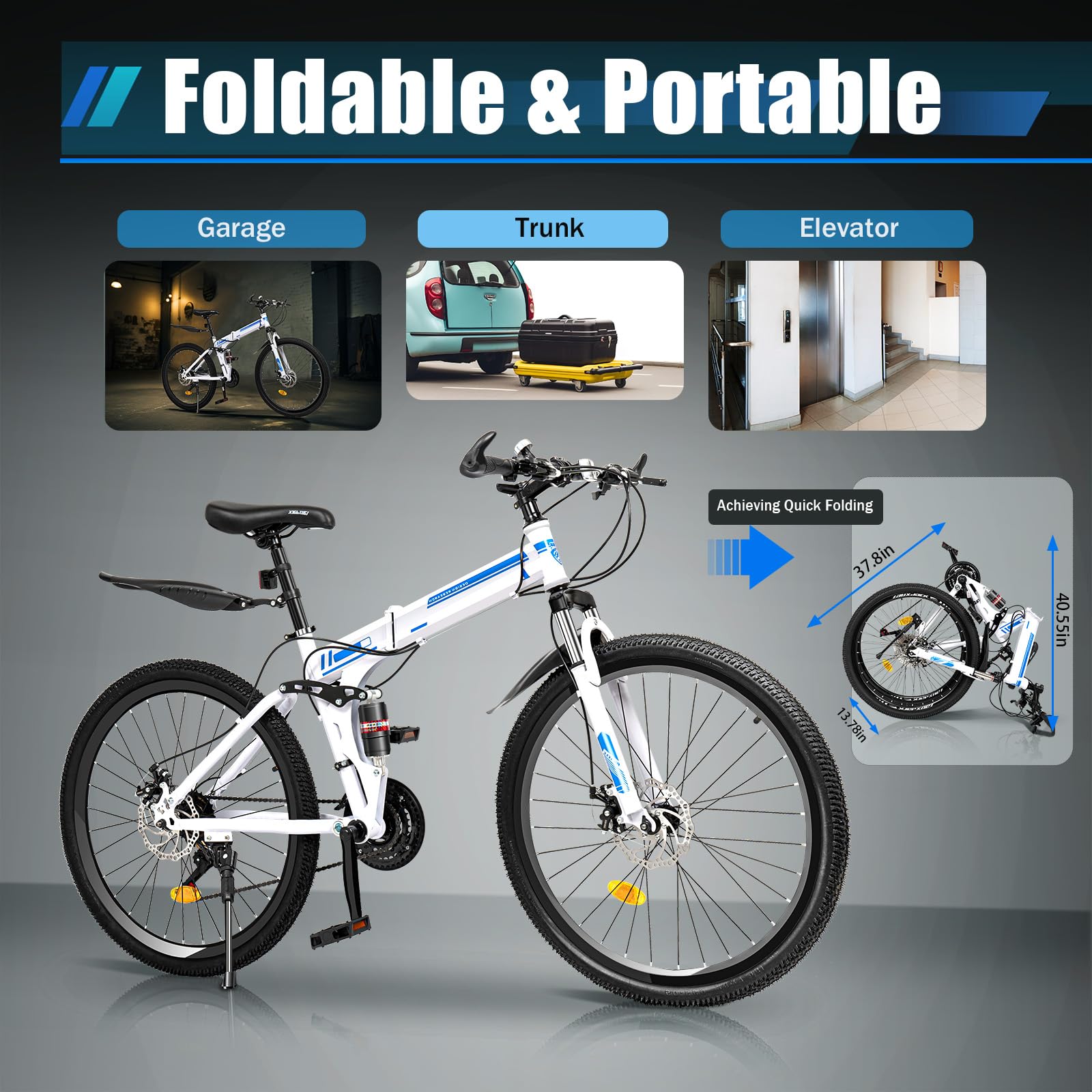 DNYSYSJ 26 Inch Mountain Folding Bike 21 Speed Mountain Bike Folding Bike for Adults, Dual Disc-Brake High Carbon Steel Mountain Bicycle Bike for Men Women - Blue&White