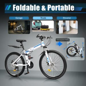 BJTDLLX 26" 21 Speed Mountain Folding Bike, Women Mens Carbon Steel Mountain Bike Full Suspension Double Disc Brakes Foldable Bicycle, 31.5-37.4in Adjustable Saddle Height, Blue & White