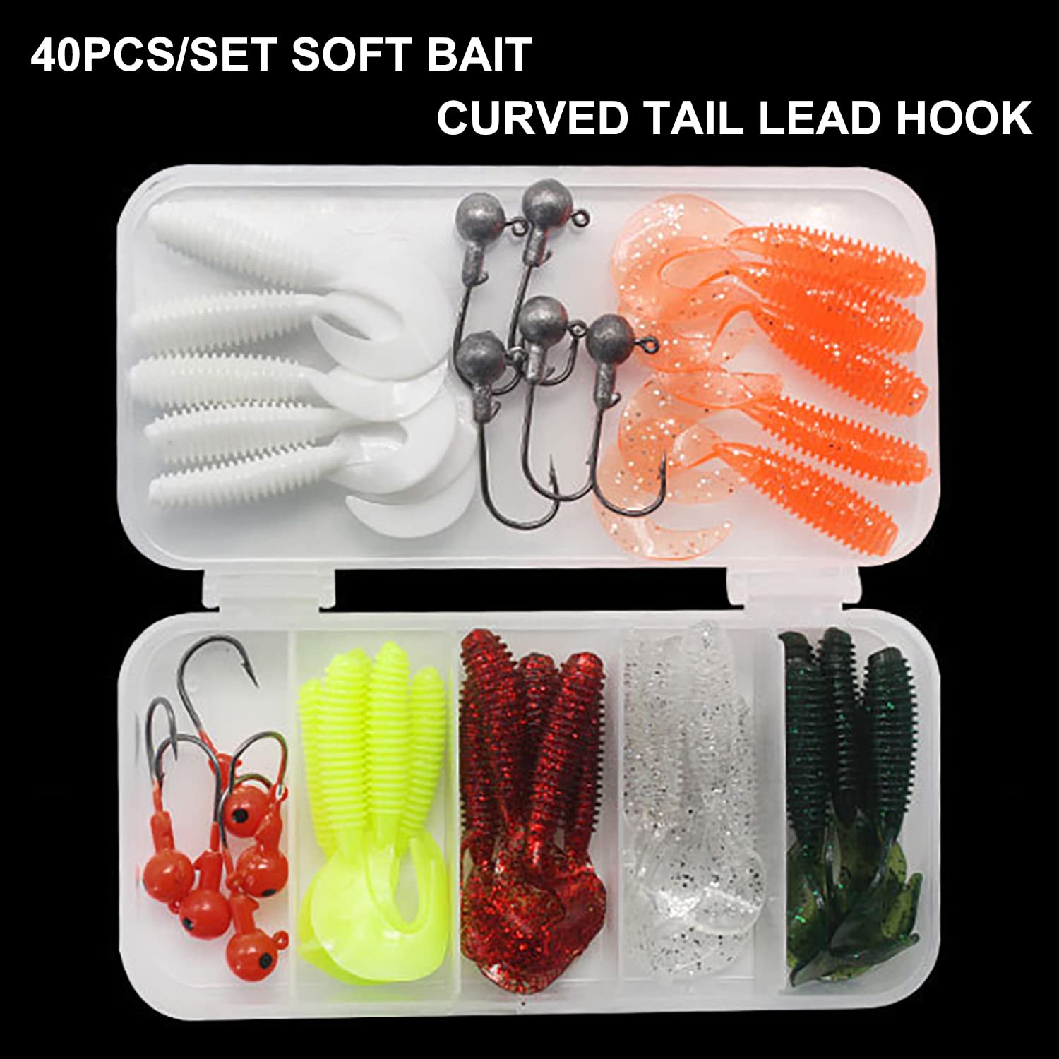 FANGBLUE 40PCS 1/8oz Jig Head Hook 2inch Curved Tail Soft Lures Artificial Silicone Bait Worm Soft Fishing Lure Tackle Kit for Bass Trout Fishing (40pcs Curved Tail Soft Lure)