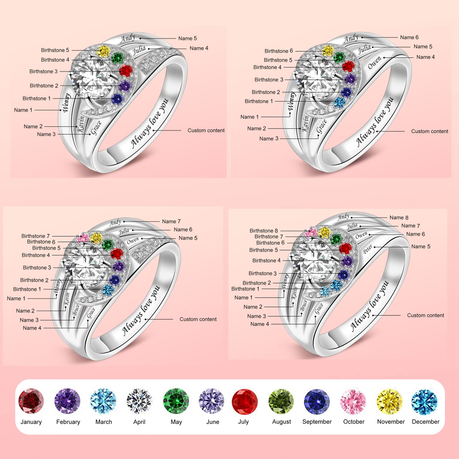 BAUMA AUTO Personalized Mothers Rings with Birthstones Custom Name Rings for Women Birthstone Family Rings for Mom Grandma Wife