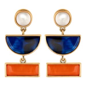 Geometric Earrings for Women, Blue Enamel Half-Circle and Orange Square Earrings with Pearl Stud - Modern Chic Statement Earrings