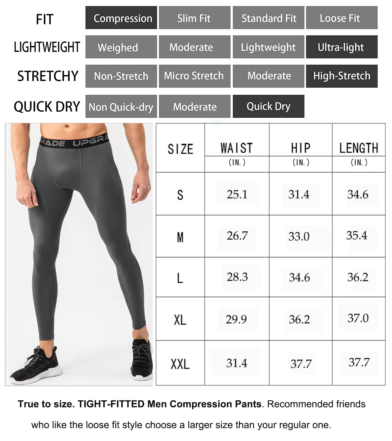 Dark Grey Men's Compression Pants Tights Leggings Sports Baselayer Athletic Tights for Running Football Basketball XL