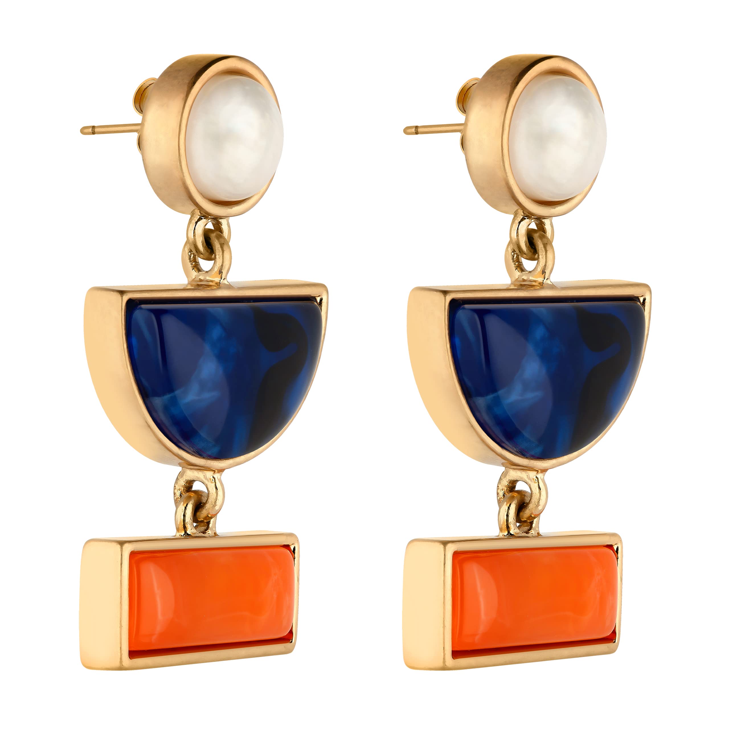 Geometric Earrings for Women, Blue Enamel Half-Circle and Orange Square Earrings with Pearl Stud - Modern Chic Statement Earrings