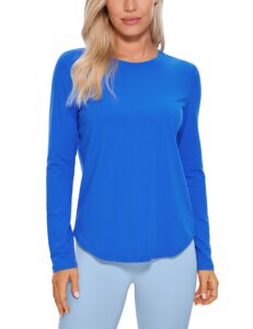 crz yoga pima cotton workout long sleeve shirts for women athletic crewneck yoga casual tops plain t-shirt strong blue large