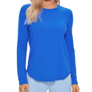 CRZ YOGA Pima Cotton Workout Long Sleeve Shirts for Women Athletic Crewneck Yoga Casual Tops Plain T-Shirt Strong Blue Large