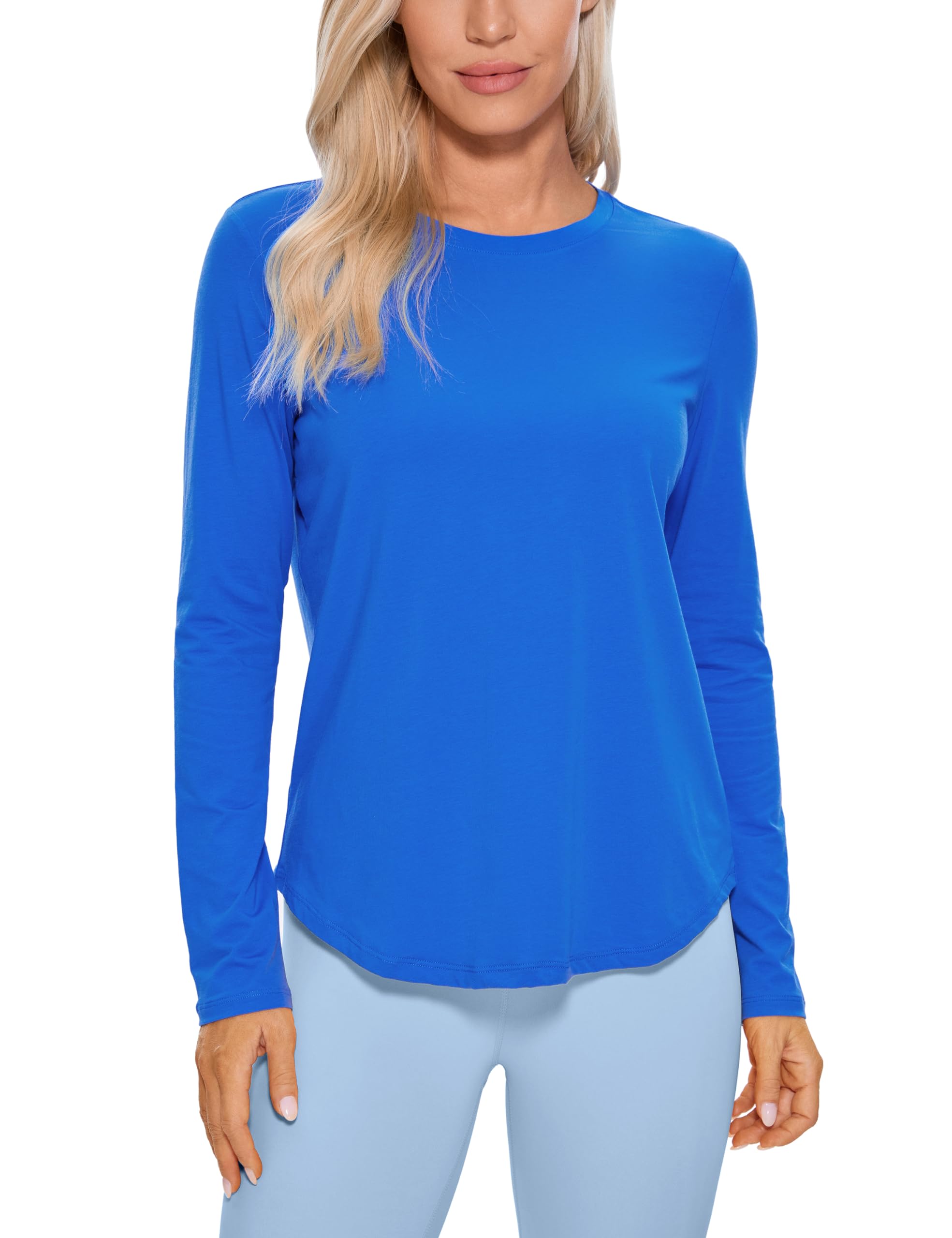 CRZ YOGA Pima Cotton Workout Long Sleeve Shirts for Women Athletic Crewneck Yoga Casual Tops Plain T-Shirt Strong Blue Large