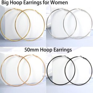 4 Pairs Fashion Big Hoop Earrings, Lightweight Large Hoop Earrings Hypoallergenic 14K Gold Plated Big Hoops for Women (50mm- 14K Gold, Rose Gold, Silver, Black)