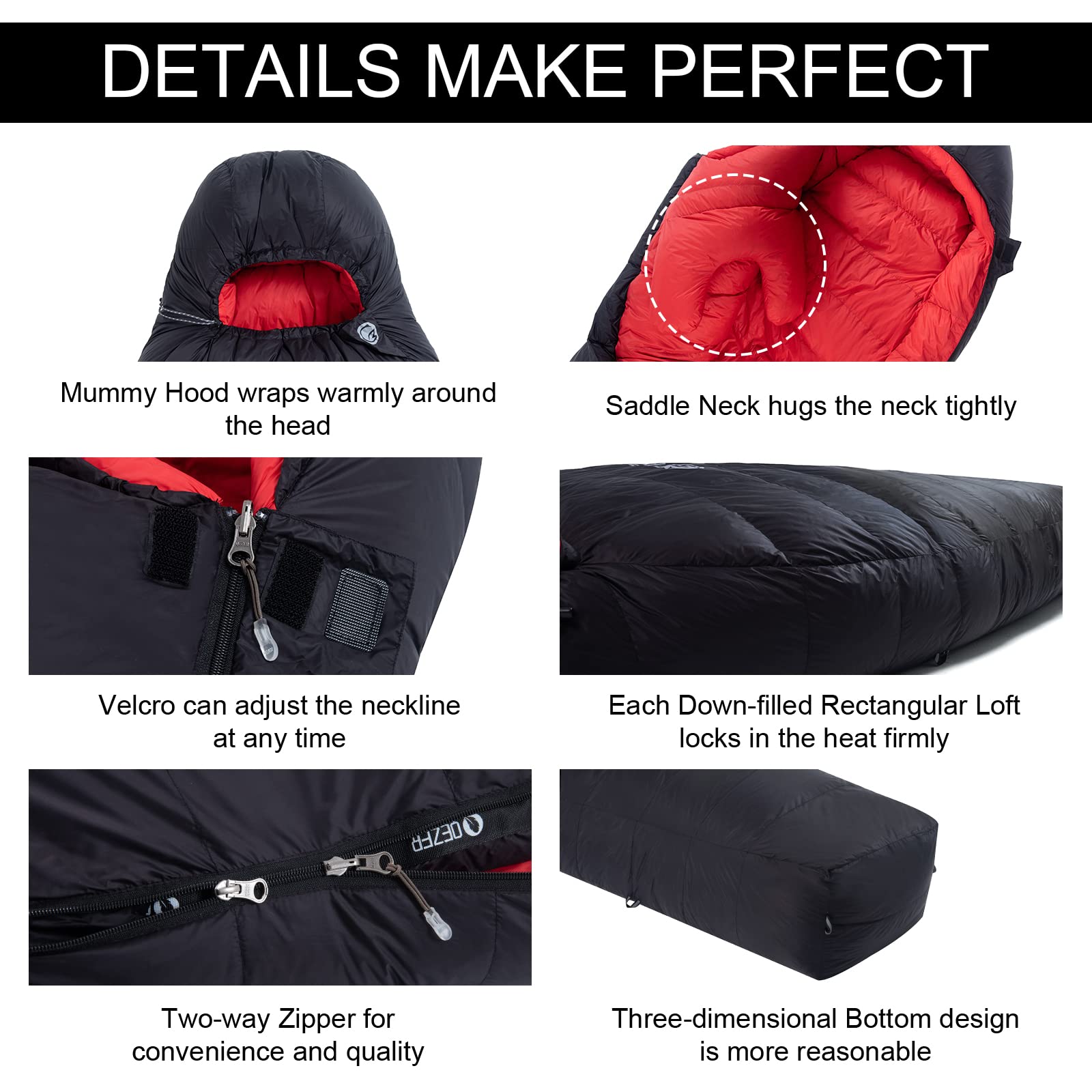 QEZER 0 Degree Sleeping Bag for Adults 660 Fill Power Down Sleeping Bag for Cold Weather -8°F / 0°F Large Lightweight Sleeping Bag