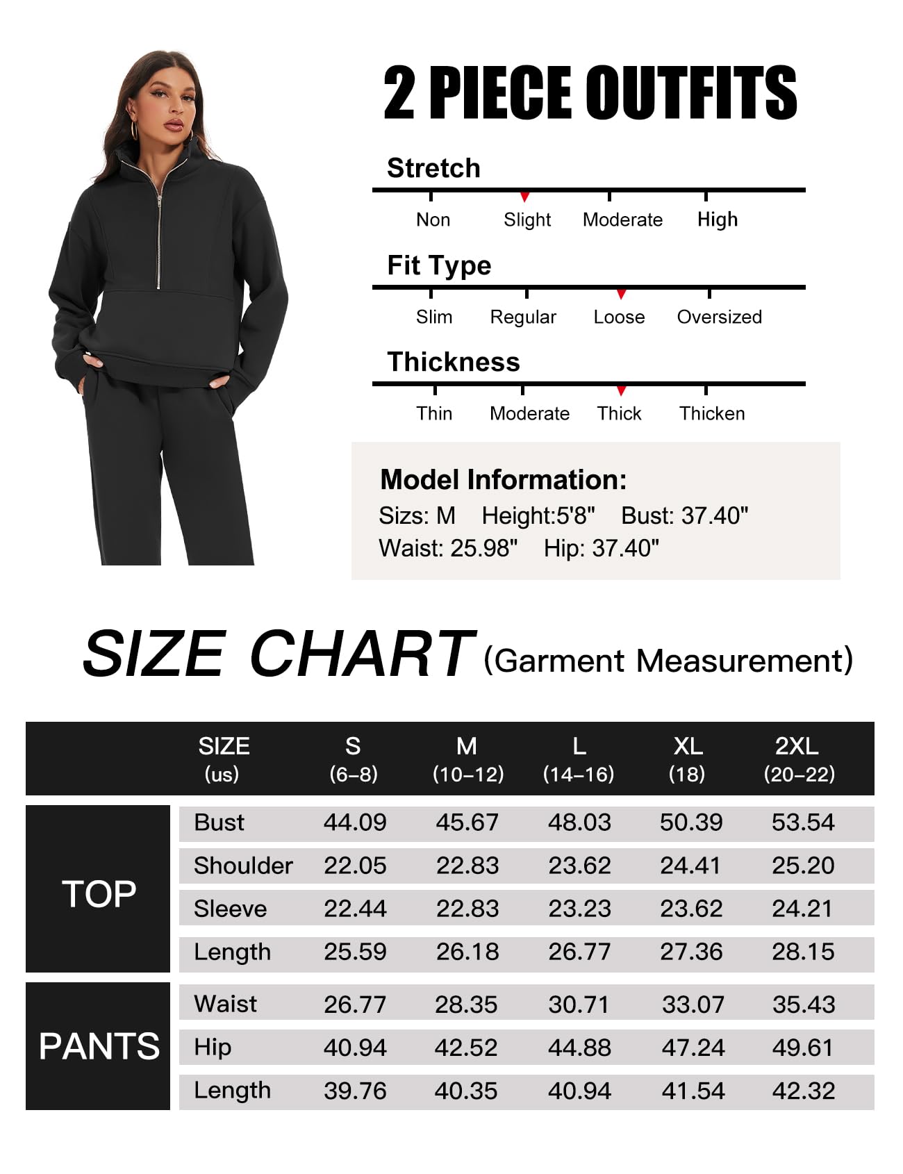 Flygo Womens Fleece 2 Piece Outfits Sweatsuit Half Zip Pullover Sweatshirt Joggers Pants Tracksuit Set (Black-M)