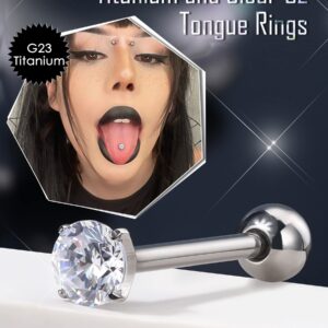 OUFER 14G Tongue Rings, Shiny Clear CZ Tongue Barbells, G23 Solid Titanium Tongue Piercing Jewelry, Nickel-free Tongue Ring for Women Men