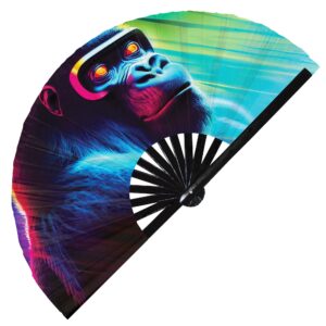 gorilla neon hand fan foldable bamboo circuit rave hand fans rainbow galaxy party gear gifts music festival rave accessories (style 1)