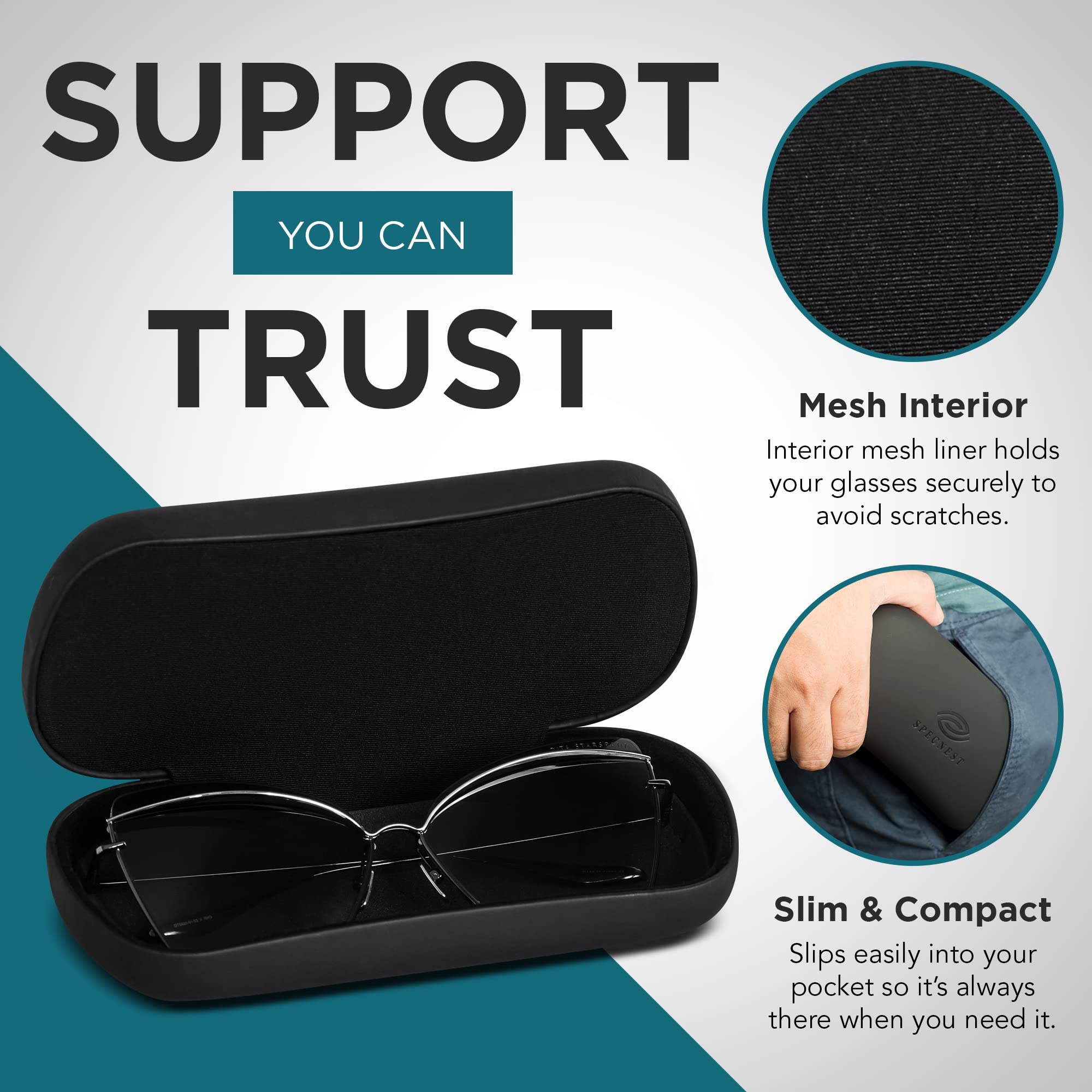 SpecNest SunGlasses Case - Vegan Leather Sunglass Holder with Mesh Foam to Cradle Sunglasses Securely - Hard Eyeglass Case with Metal Construction - Designed by Optical Professionals