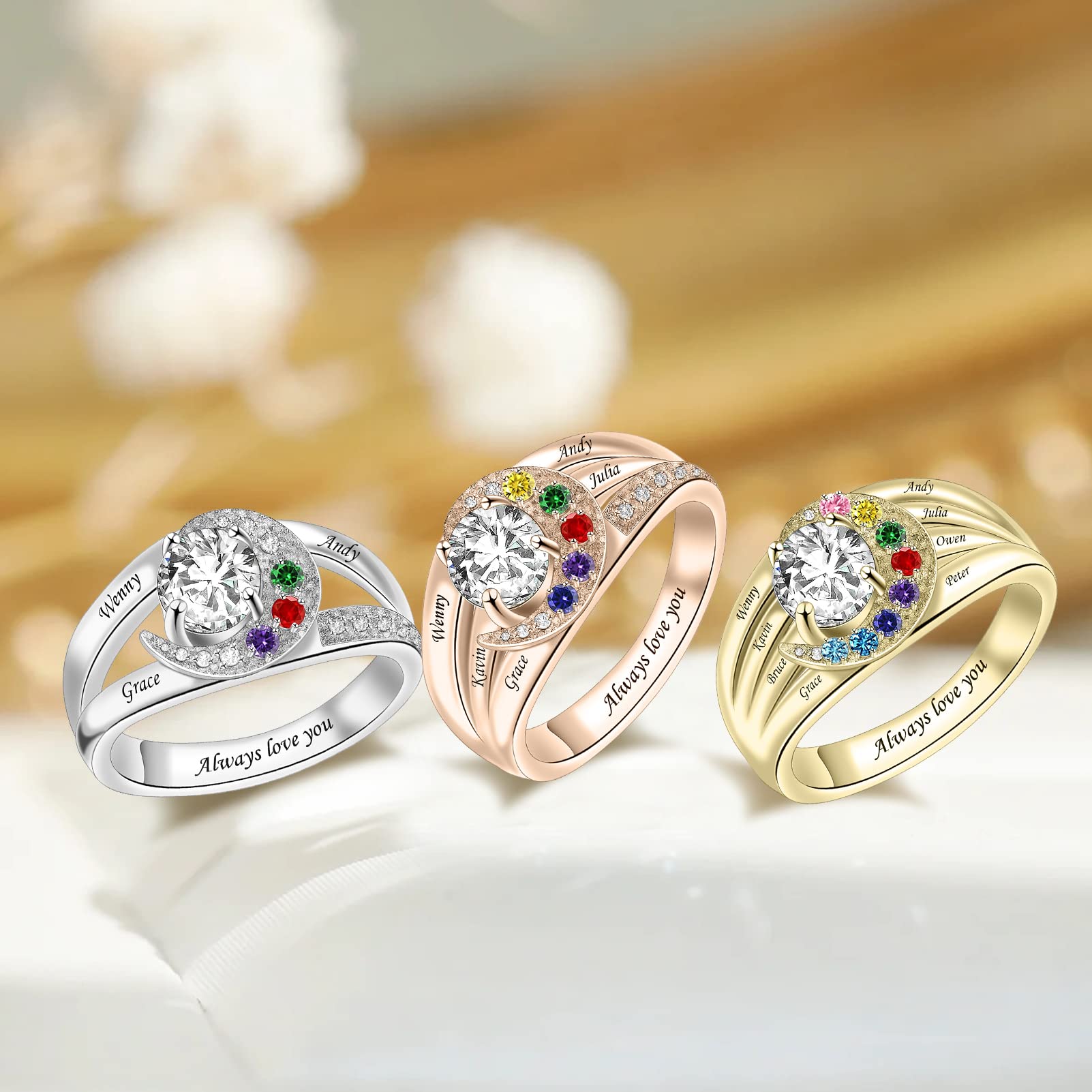 BAUMA AUTO Personalized Mothers Rings with Birthstones Custom Name Rings for Women Birthstone Family Rings for Mom Grandma Wife