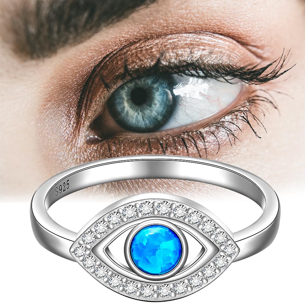 Sterling Silver Evil Eye Ring Opal Ring Blue Evil Eye Rings for Women Mal De Ojo Nazar Turkish Sapphire Greek Jewelry Size 9