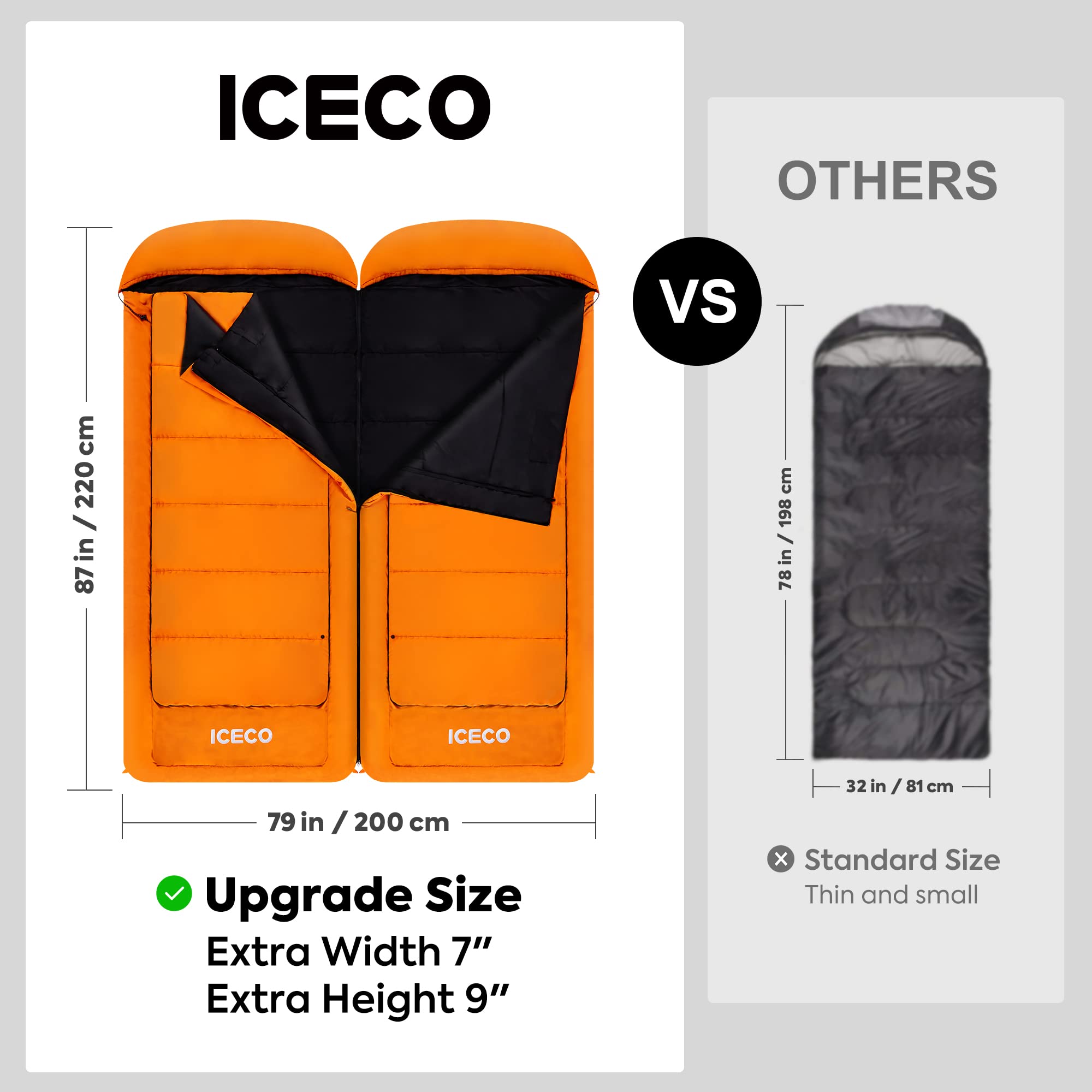 ICECO Double Sleeping Bags for Adults, Cold Weather Sleeping Bag, Big and Tall 2 Person Sleeping Bag Extra Large for All Season Winter Camping, Fishing and Hunting,with Removable Layer