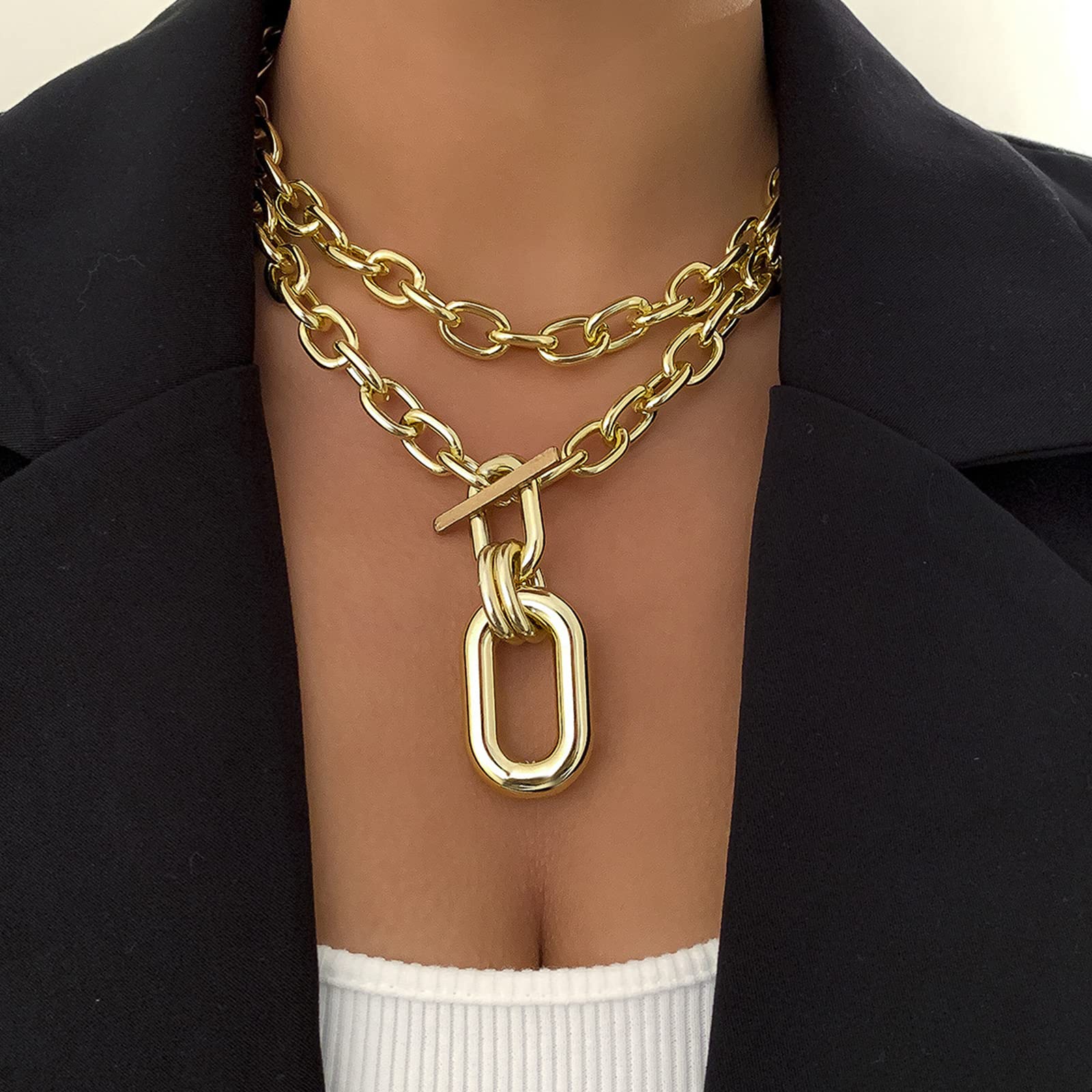 Long tiantian Chunky Gold Necklace Statement Necklace for Women Chunky Necklaces Punk Gold Necklace for Women Trendy Layered Cuban Link Necklaces for Women Gifts for Mom（Gold）