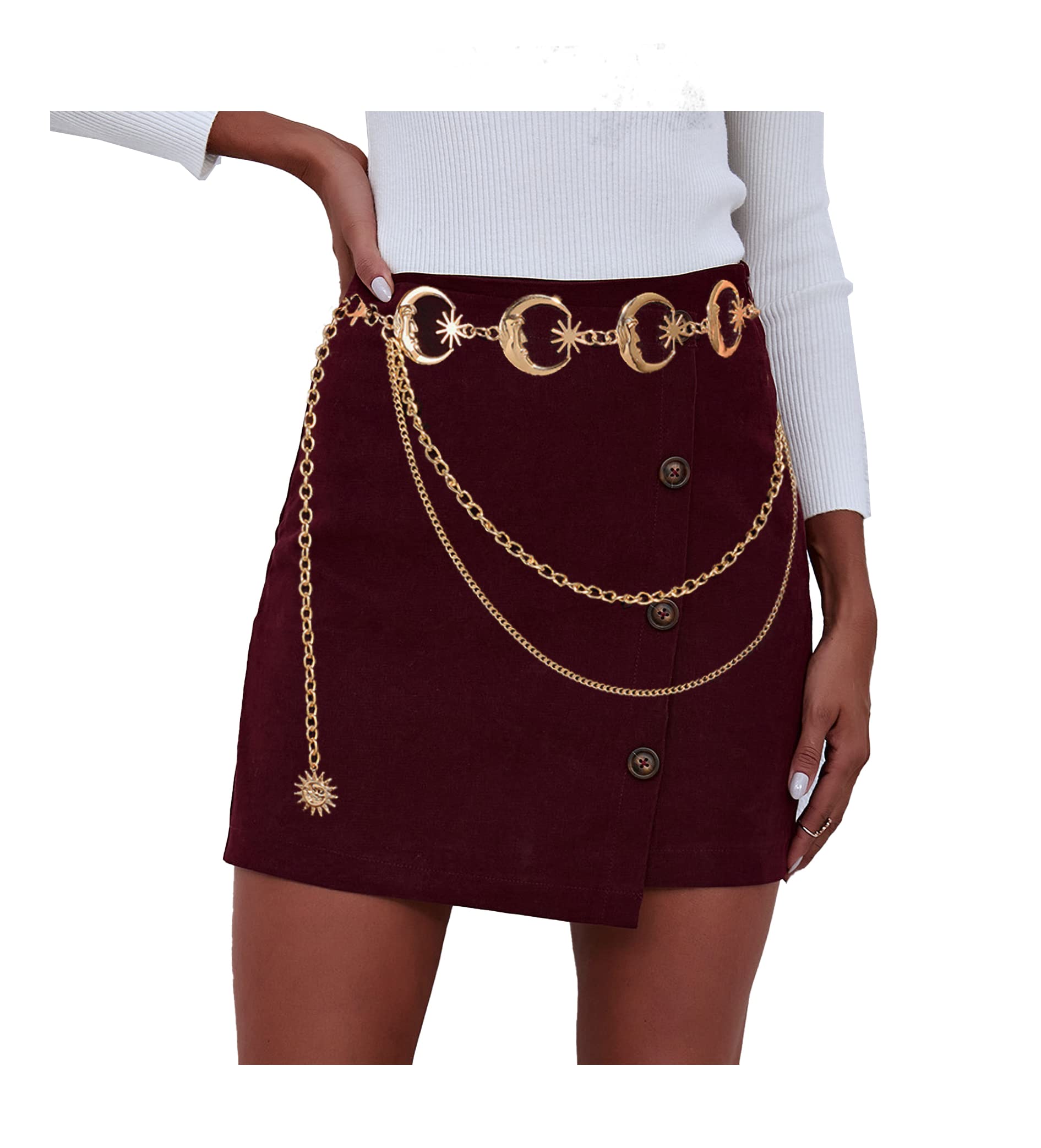 Moon/Sun Waist Chain Belt, Bohemia Multilayer Metal Waist Chain Belts Body Chain Belly Chain for Women (Moon Layered-Gold)