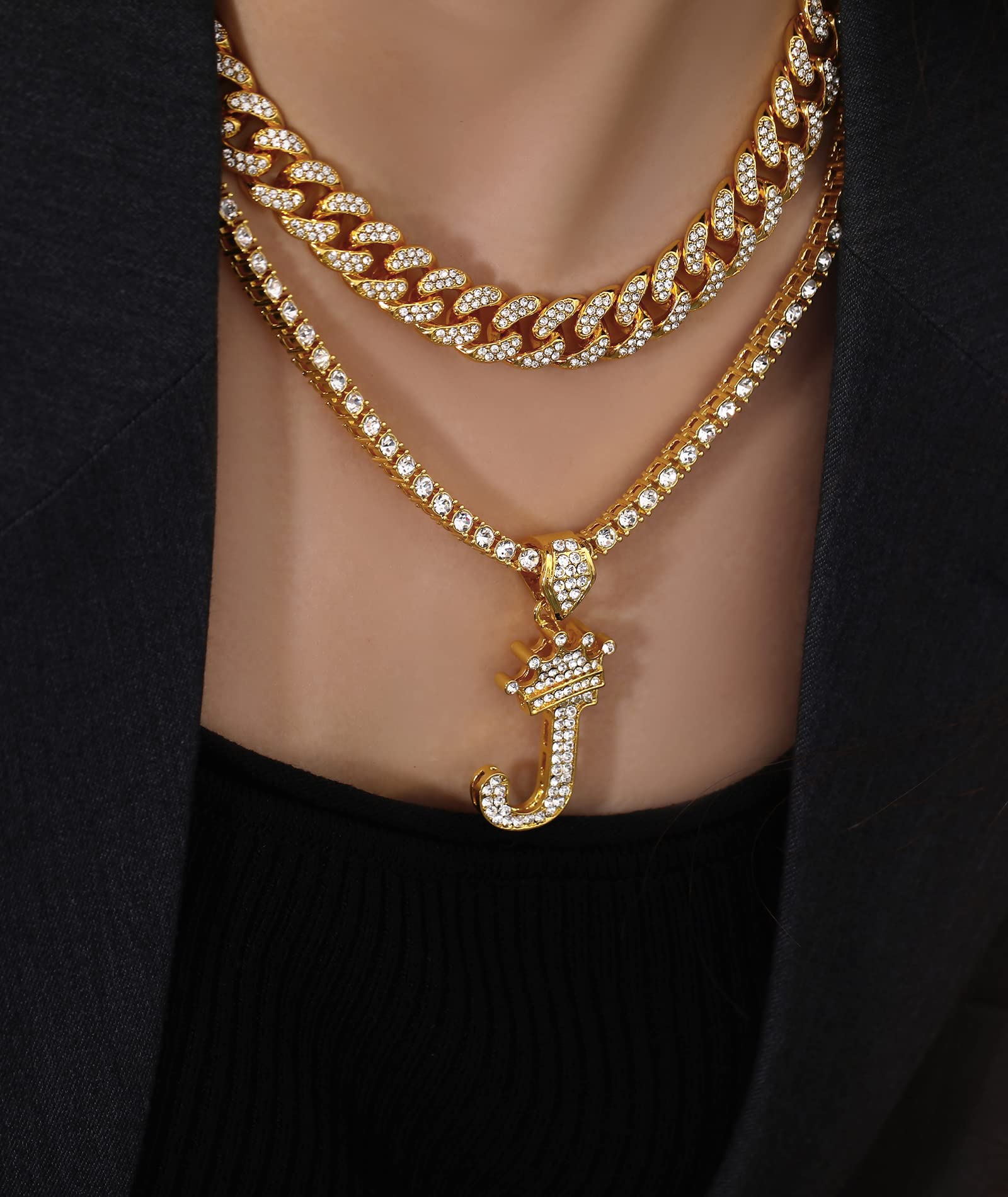 WFYOU Cuban Link Chain for Women Crown Gold Initial Pendant Necklace 18K Gold Plated Alphabet Letter Pendant Choker Hip Hop Diamond Chain Custom Name Necklace Trendy Dainty Rapper Jewelry Gift