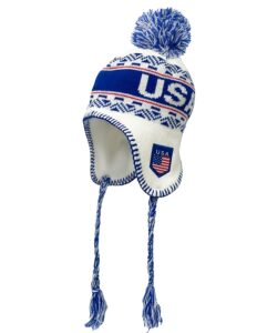 usa winter hat, white knit beanie snow winter hat ski cap with pom, usa hat with ear flaps and fleece lining