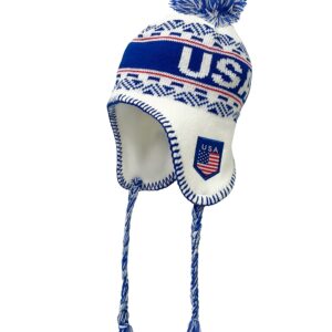 USA Winter Hat, White Knit Beanie Snow Winter Hat Ski Cap with Pom, USA Hat with Ear Flaps and Fleece Lining