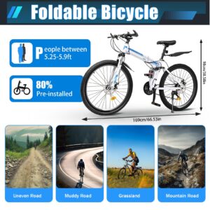 26 Inch Folding Mountain Bike, 21-Speed MTB Bicycle for Adult, High Carbon Steel Frame, Dual Disc Brake Non-Slip Outroad Mountain Bicycle for Men Women