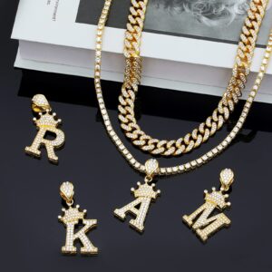 WFYOU Cuban Link Chain for Women Crown Gold Initial Pendant Necklace 18K Gold Plated Alphabet Letter Pendant Choker Hip Hop Diamond Chain Custom Name Necklace Trendy Dainty Rapper Jewelry Gift