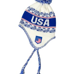 USA Winter Hat, White Knit Beanie Snow Winter Hat Ski Cap with Pom, USA Hat with Ear Flaps and Fleece Lining