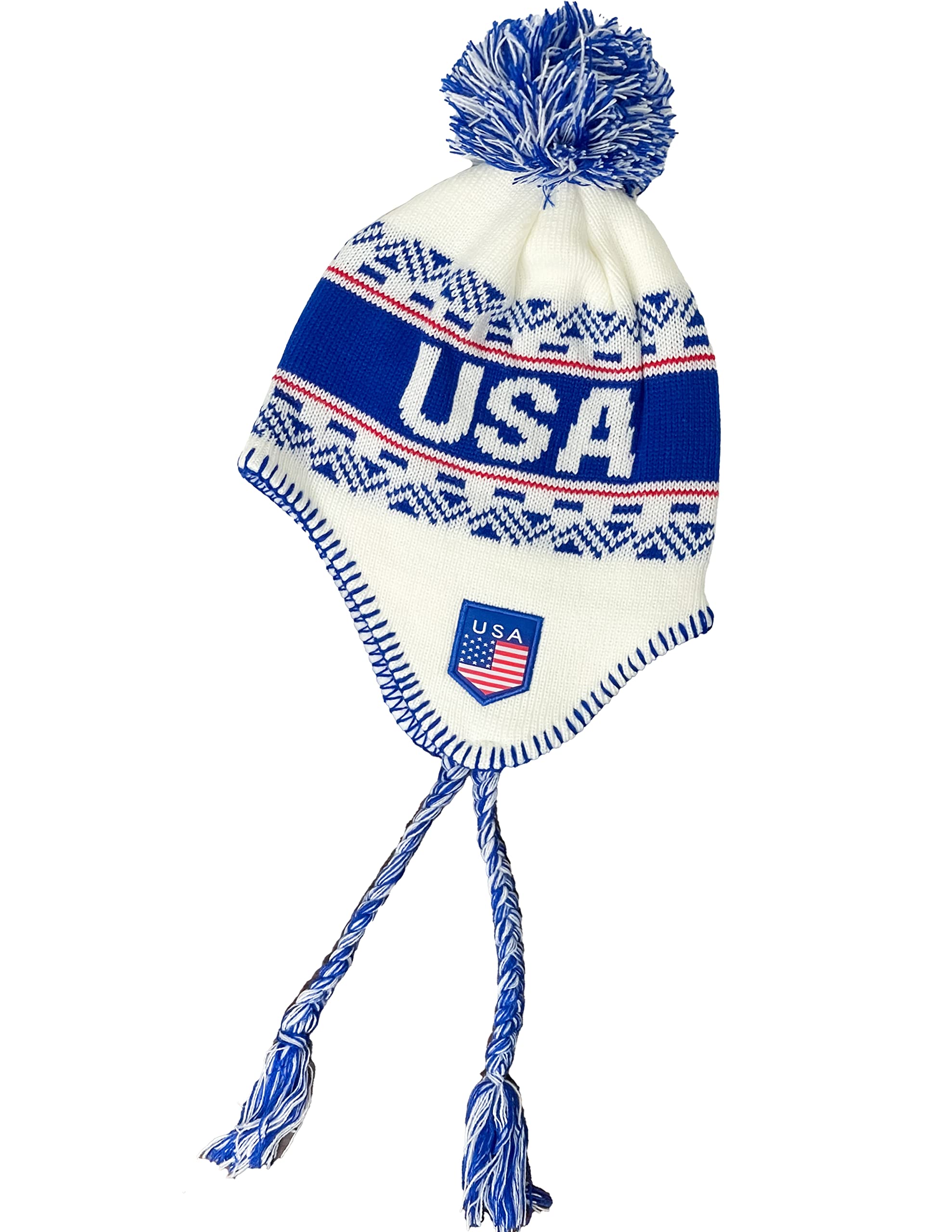 USA Winter Hat, White Knit Beanie Snow Winter Hat Ski Cap with Pom, USA Hat with Ear Flaps and Fleece Lining