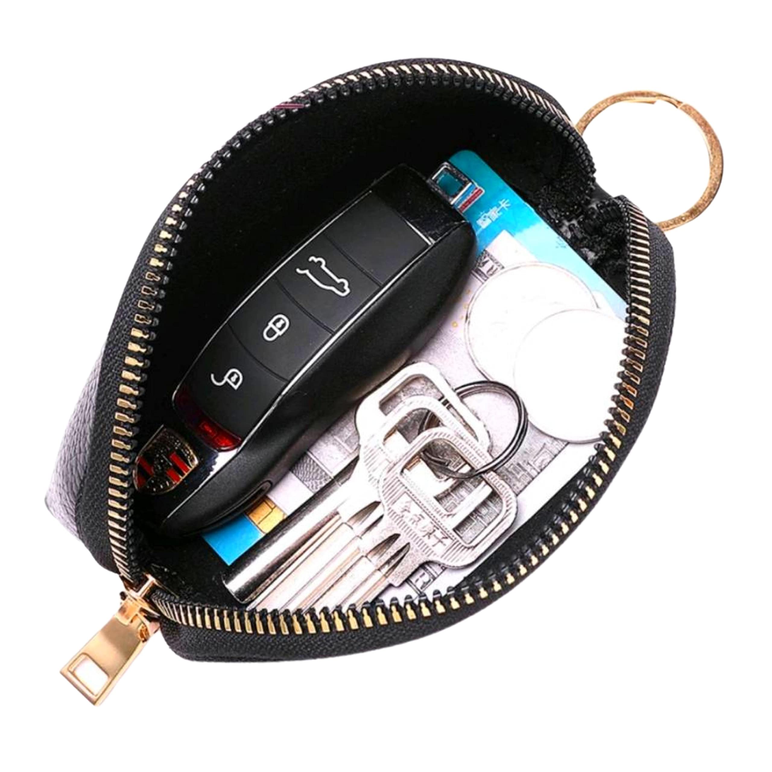 Key Case Holder, Keychain Mini Pouch Coin Purse, PU, Keyring, Coin Organizer, Change Wallet for Men Women, Key Fob Protector (Black)