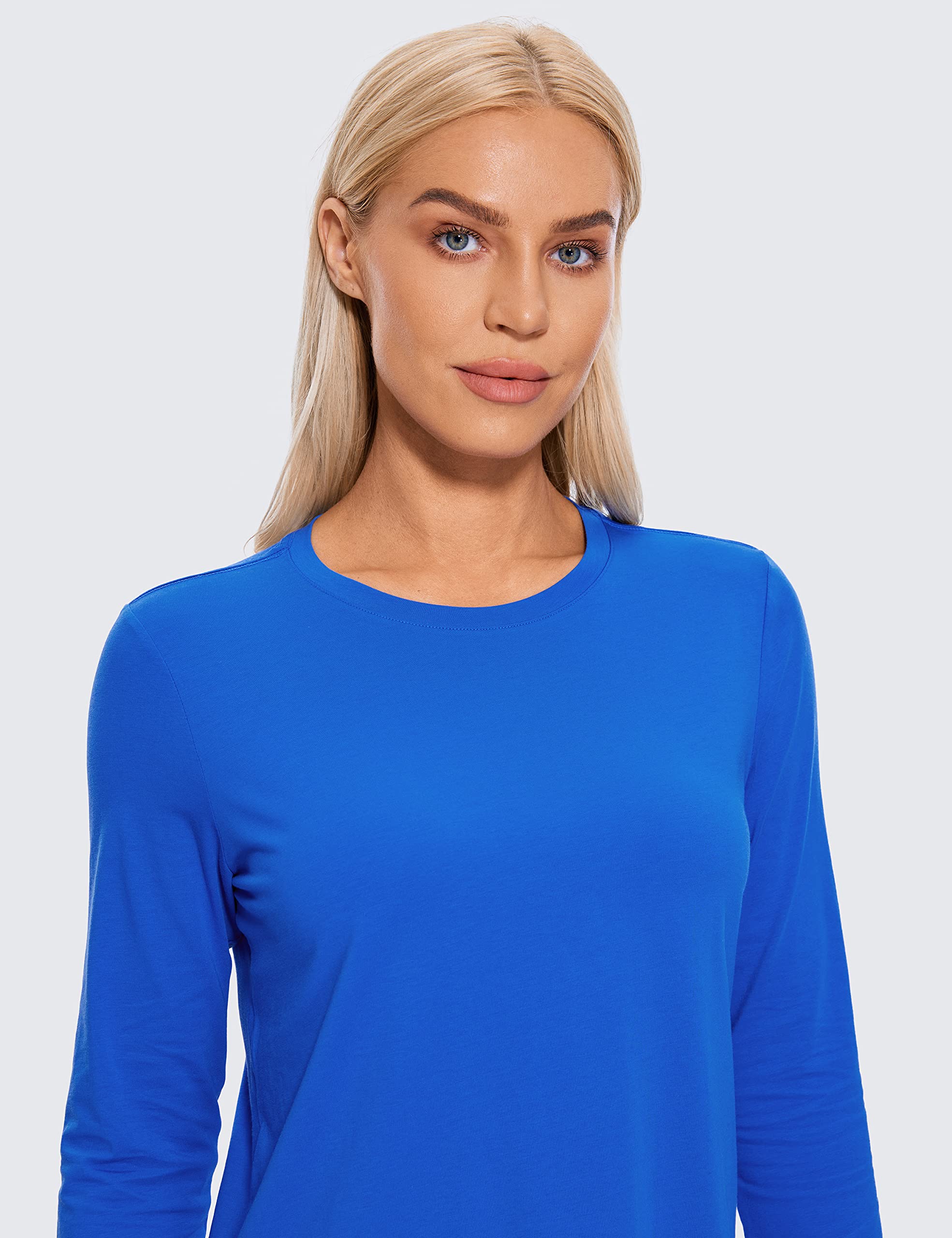 CRZ YOGA Pima Cotton Workout Long Sleeve Shirts for Women Athletic Crewneck Yoga Casual Tops Plain T-Shirt Strong Blue Large