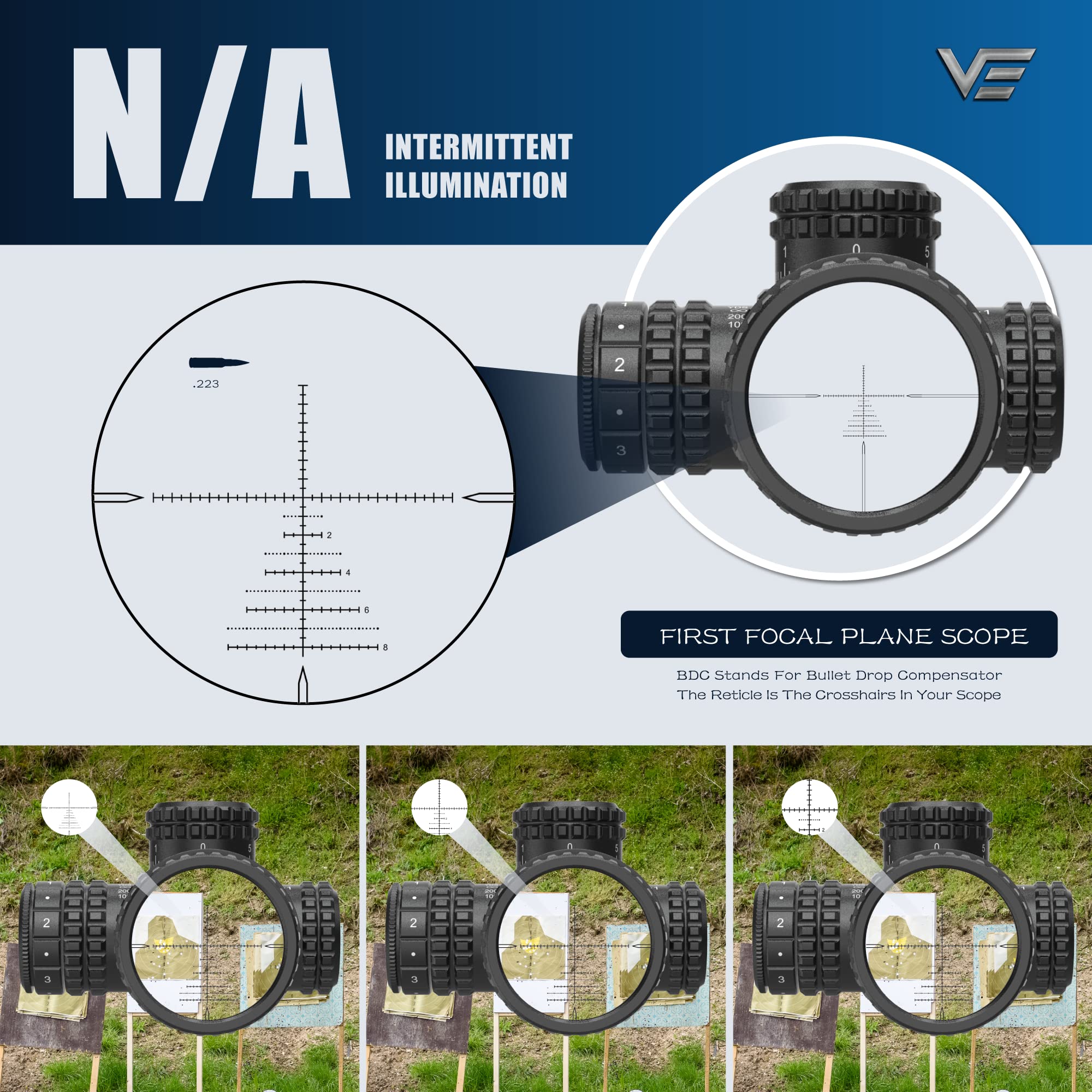 Vector Optics Marksman 6-24x50 FFP 1/10 MIL 30mm Monotube Riflescope 85-87% Light Transmission Edge-to-Edge Image Etched Glass VPA-MF Reticle for Hunting Shooting