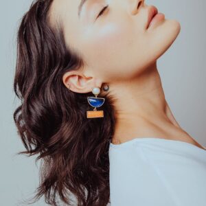 Geometric Earrings for Women, Blue Enamel Half-Circle and Orange Square Earrings with Pearl Stud - Modern Chic Statement Earrings