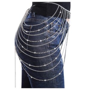 hoyuwak Rhinestone Waist Chain Belt Silver Gold Body Chain Crystal Belly Dance Chain Body Jewelry for Women Rave Festive (Style 2, Alloy(Silver), Rhinestone(Cystal White))