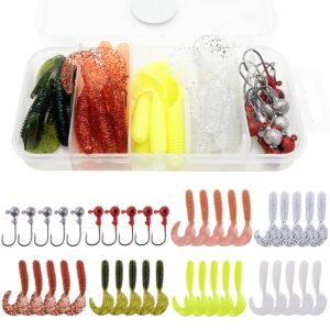 FANGBLUE 40PCS 1/8oz Jig Head Hook 2inch Curved Tail Soft Lures Artificial Silicone Bait Worm Soft Fishing Lure Tackle Kit for Bass Trout Fishing (40pcs Curved Tail Soft Lure)