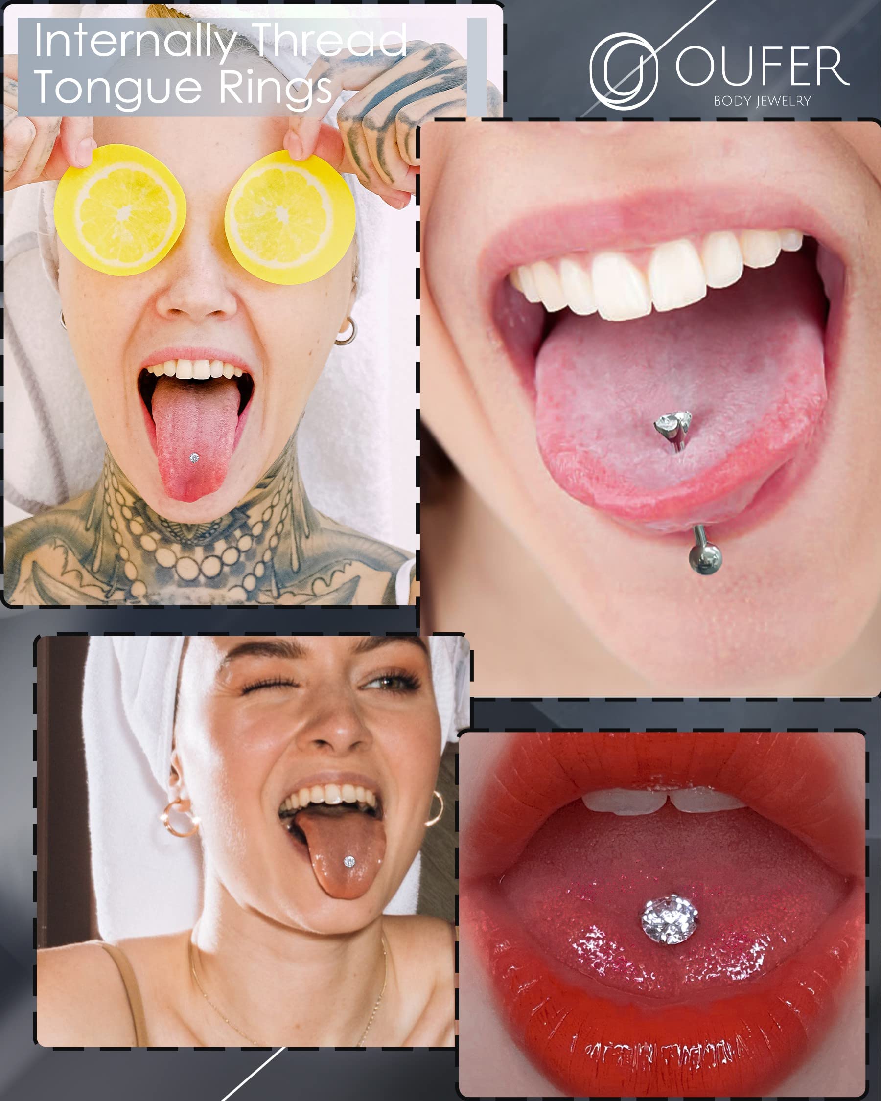 OUFER 14G Tongue Rings, Shiny Clear CZ Tongue Barbells, G23 Solid Titanium Tongue Piercing Jewelry, Nickel-free Tongue Ring for Women Men