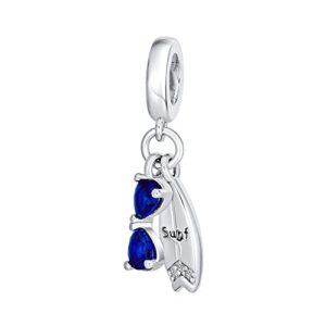 Fun Sports Blue CZ .925 Sterling Silver Dangle Travel Beach Vacation Sunglasses Skate Surf Board Bead Charm For Women Teen Fits European Charm Bracelet