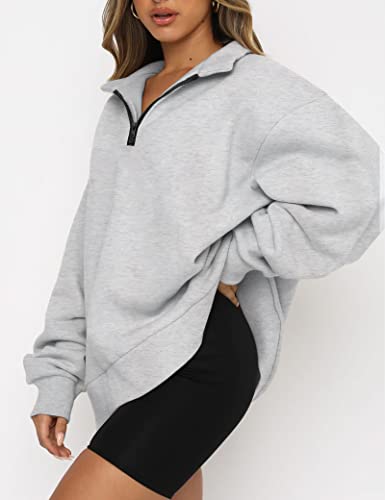 Womens Oversized Half Zip Pullover Sweatshirt Long Sleeve V Neck Sweatshirts Quarter Zip Teen Girls Fall Y2K Clothes Trendy Drop Shoulder Loose Fit Outfits Grey