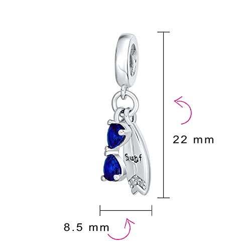 Fun Sports Blue CZ .925 Sterling Silver Dangle Travel Beach Vacation Sunglasses Skate Surf Board Bead Charm For Women Teen Fits European Charm Bracelet