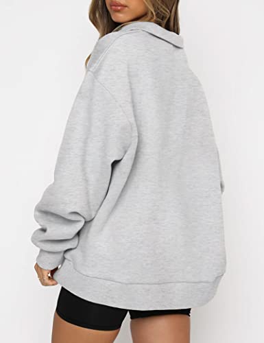 Womens Oversized Half Zip Pullover Sweatshirt Long Sleeve V Neck Sweatshirts Quarter Zip Teen Girls Fall Y2K Clothes Trendy Drop Shoulder Loose Fit Outfits Grey