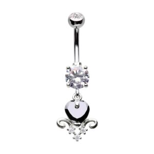 pierced owl 14ga stainless steel cz crystal black heart with crystal filigree dangling belly button ring (silver tone)