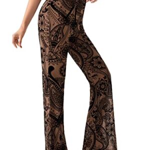 OYOANGLE Women's Bootcut High Waisted Yoga Pants Floral Print Wide Leg Pants Trousers Brown Floral L