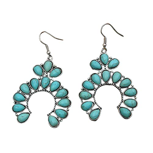 Bohemian Vintage Turquoise Oval Flower Ethnic Drop Dangle Earrings for Women Boho Exaggerated Retro Geometric Turquoise Teardrop Earrings Cowgirl Cowboy Jewelry Gift (D)