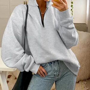 Womens Oversized Half Zip Pullover Sweatshirt Long Sleeve V Neck Sweatshirts Quarter Zip Teen Girls Fall Y2K Clothes Trendy Drop Shoulder Loose Fit Outfits Grey