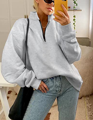 Womens Oversized Half Zip Pullover Sweatshirt Long Sleeve V Neck Sweatshirts Quarter Zip Teen Girls Fall Y2K Clothes Trendy Drop Shoulder Loose Fit Outfits Grey