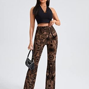 OYOANGLE Women's Bootcut High Waisted Yoga Pants Floral Print Wide Leg Pants Trousers Brown Floral L