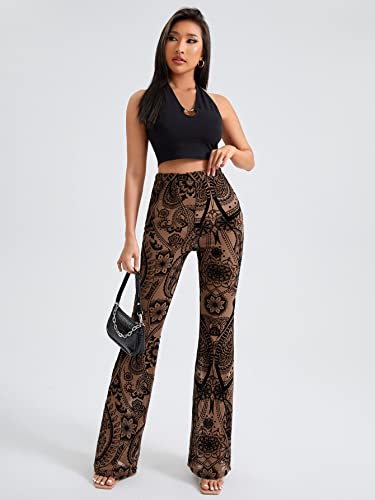 OYOANGLE Women's Bootcut High Waisted Yoga Pants Floral Print Wide Leg Pants Trousers Brown Floral L