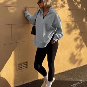 Womens Oversized Half Zip Pullover Sweatshirt Long Sleeve V Neck Sweatshirts Quarter Zip Teen Girls Fall Y2K Clothes Trendy Drop Shoulder Loose Fit Outfits Grey