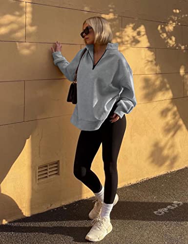 Womens Oversized Half Zip Pullover Sweatshirt Long Sleeve V Neck Sweatshirts Quarter Zip Teen Girls Fall Y2K Clothes Trendy Drop Shoulder Loose Fit Outfits Grey